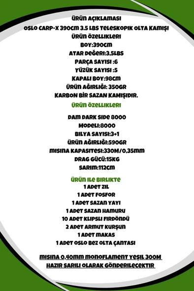 Oslo Carp-x 390cm 3,5LBS Dam Darkside 4 8000S FD Sazan Olta Takımı Seti - Resim 2