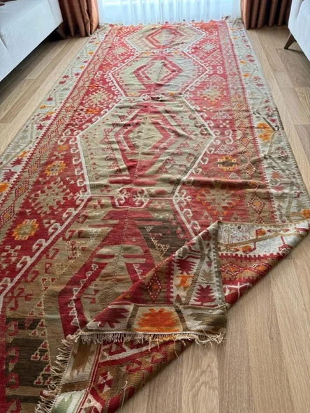 165x375 cm Büyük Boy Antik Türk Kilimi, El Dokuma Vintage Anadolu Kilimi, Geleneksel Yün Kilim, Dekoratif Alan Halısı