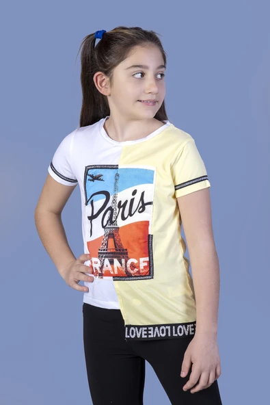 Toontoy Kız Çocuk Paris Baskılı Şeritli Tişört - 5