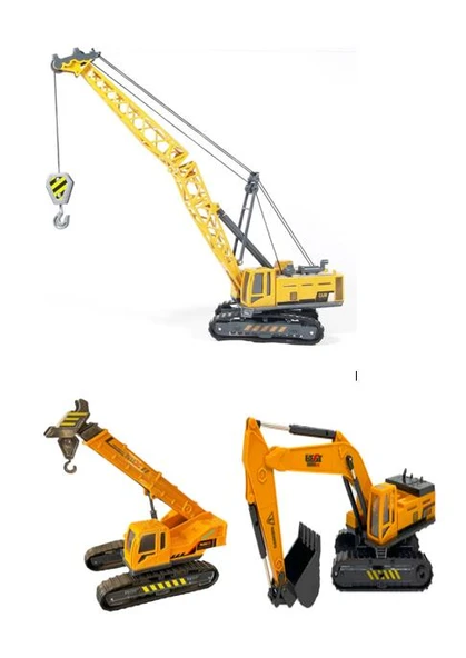 Oyuncak İş Makinaları Ekskavatör Paletli Vinç Kule Vinç 3 lü Metal Set