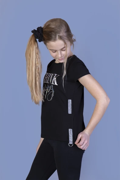 Toontoy Kız Çocuk Baskılı Taş İşlemeli Yanı Şerit Detaylı Tişört - 4