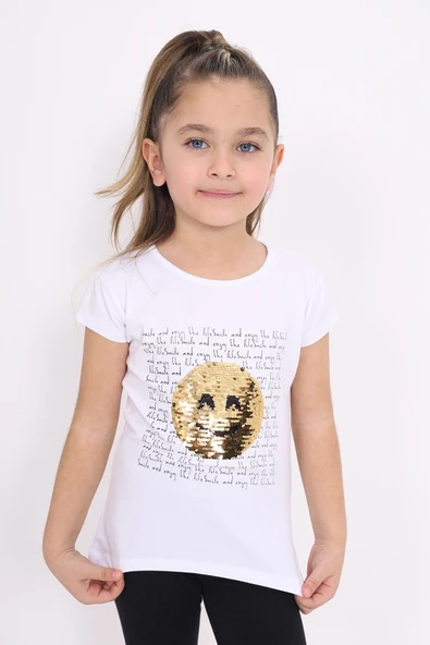 Toontoy Kız Çocuk Gülen Yüz Pullu Nakış Tişört - Resim 5