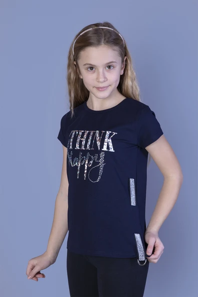 Toontoy Kız Çocuk Baskılı Taş İşlemeli Yanı Şerit Detaylı Tişört