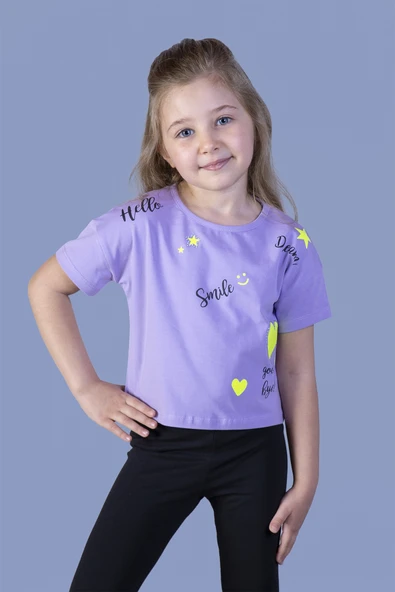 Toontoy Kız Çocuk Crop Model Neon Baskılı Tişört - 5