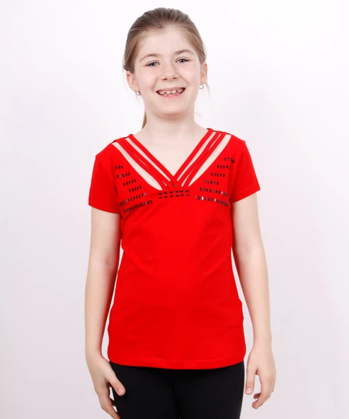 Toontoy Kız Çocuk Yaka Biyeli Taşlı Tişört - 8