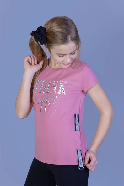 Toontoy Kız Çocuk Baskılı Taş İşlemeli Yanı Şerit Detaylı Tişört - 8