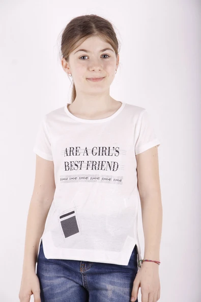 Toontoy Kız Çocuk Best Friend Baskılı Taş Detaylı Tişört - 4