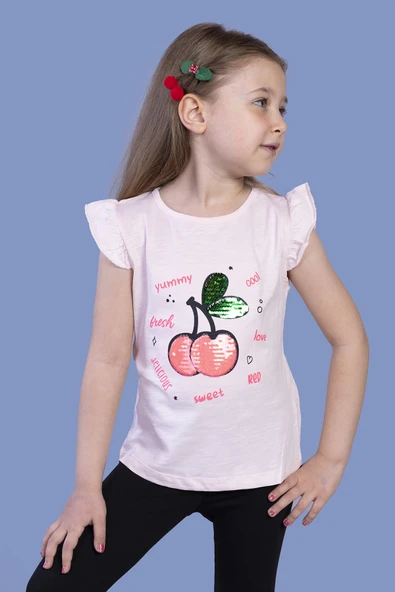 Toontoy Kız Çocuk Çevirmeli Pullu Kiraz Baskılı Tişört - 3