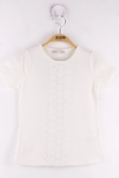 Toontoy Kız Çocuk Önü Dantelli İncili Okul Tişört - 7