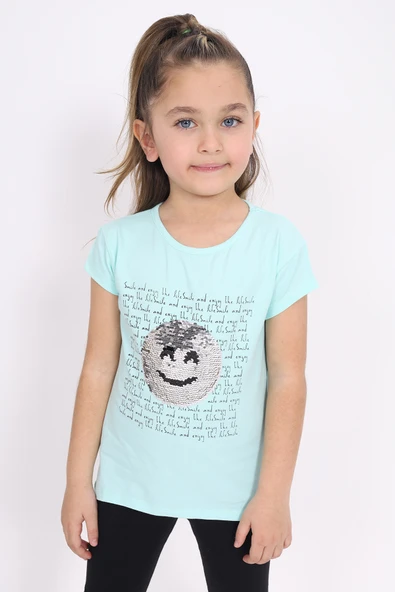 Toontoy Kız Çocuk Gülen Yüz Pullu Nakış Tişört - Resim 9