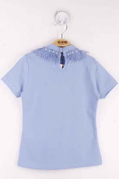 Toontoy Kız Çocuk Yaka Dantelli İnci Detaylı Okul Tişört - 3