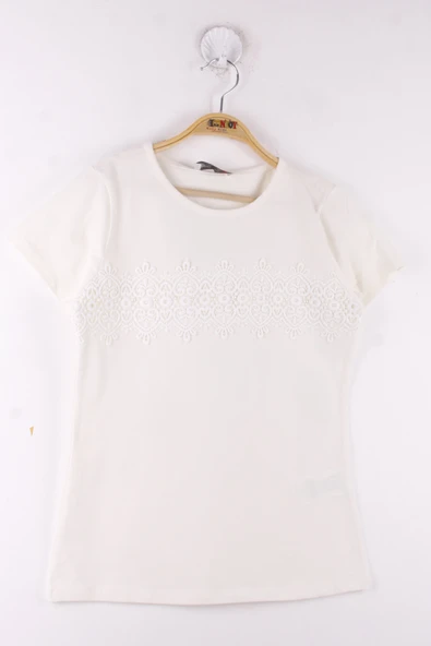 Toontoy Kız Çocuk Önü Dantelli İnci Detaylı Okul Tişört - 6