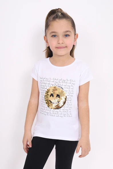 Toontoy Kız Çocuk Gülen Yüz Pullu Nakış Tişört