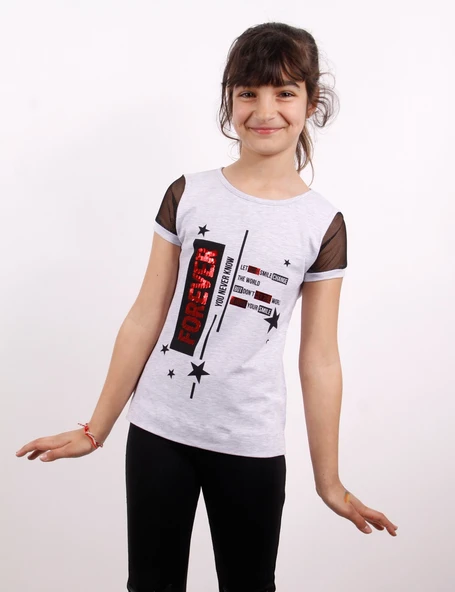 Toontoy Kız Çocuk Yıldız Baskılı Kol Tarafı Fileli Tişört - 11