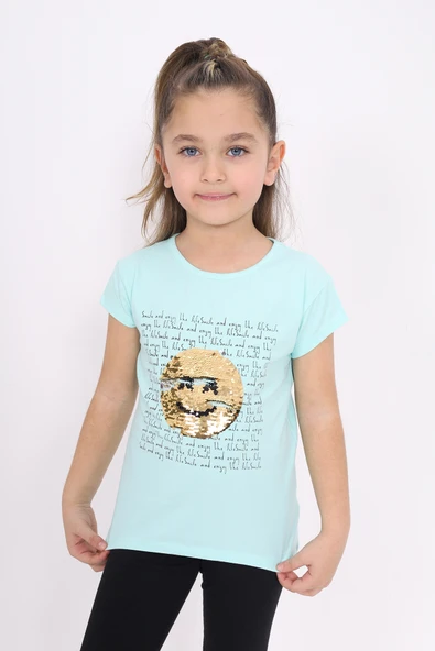 Toontoy Kız Çocuk Gülen Yüz Pullu Nakış Tişört - Resim 6