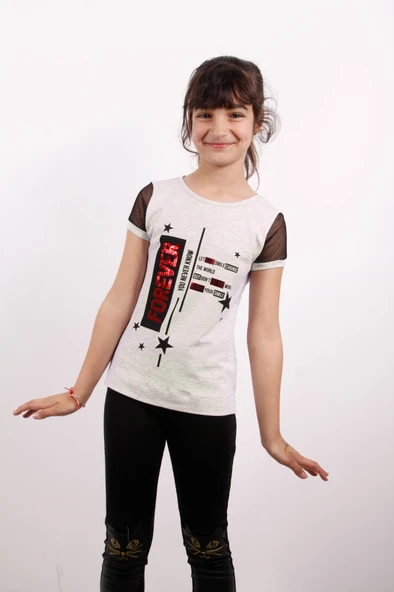 Toontoy Kız Çocuk Yıldız Baskılı Kol Tarafı Fileli Tişört - 9