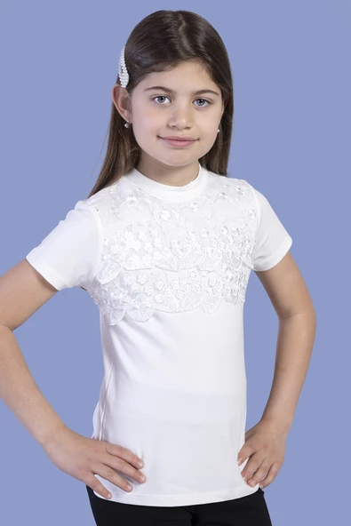 Toontoy Kız Çocuk Önü Çiçek Dantelli T-Shirt - 4