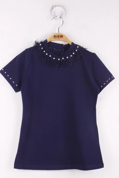 Toontoy Kız Çocuk Yaka Dantelli İnci Detaylı Okul Tişört