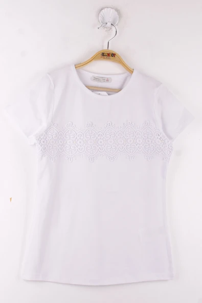 Toontoy Kız Çocuk Önü Dantelli İnci Detaylı Okul Tişört - 7