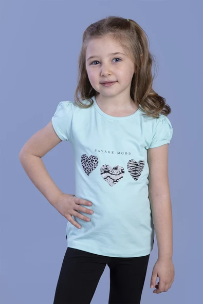 Toontoy Kız Çocuk Simli Kalp Desenli T-Shirt - 6