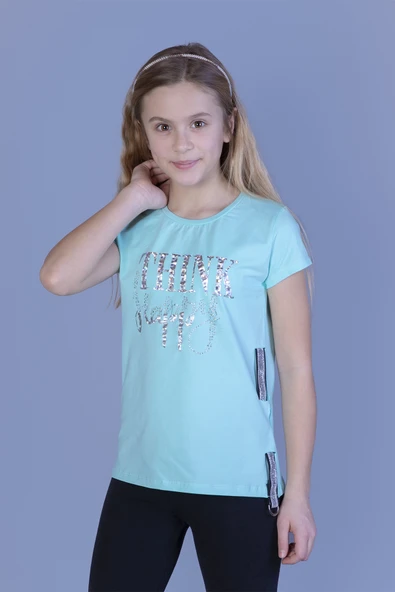 Toontoy Kız Çocuk Baskılı Taş İşlemeli Yanı Şerit Detaylı Tişört - 12