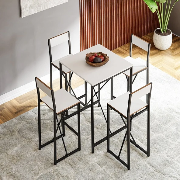 Eportatif 4 Kişilik Bar Masa Sandalye Seti Mutfak Yemek Masası Takımı Beyaz 1576 - 2