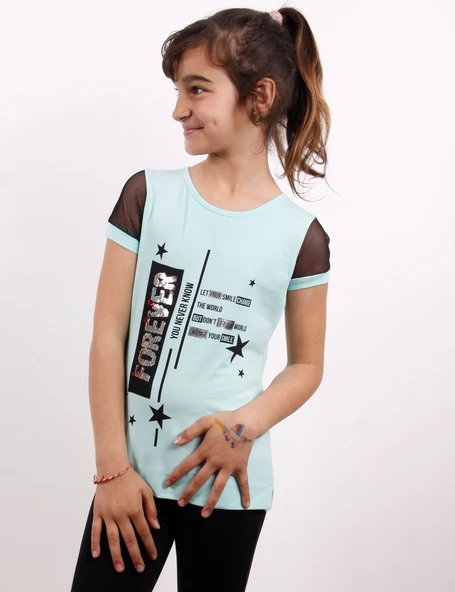 Toontoy Kız Çocuk Yıldız Baskılı Kol Tarafı Fileli Tişört - 10