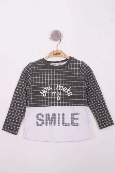 Toontoy Kız Çocuk Kareli Kumaşlı Smile Baskılı T-Shirt
