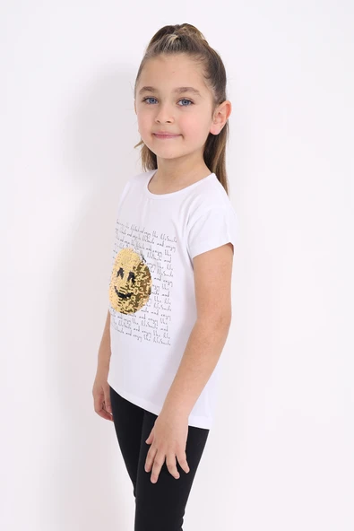 Toontoy Kız Çocuk Gülen Yüz Pullu Nakış Tişört - Resim 2