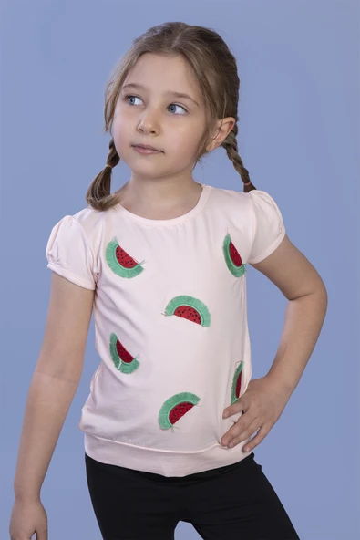 Toontoy Kız Çocuk Karpuz Nakışlı Tişört ürün görseli