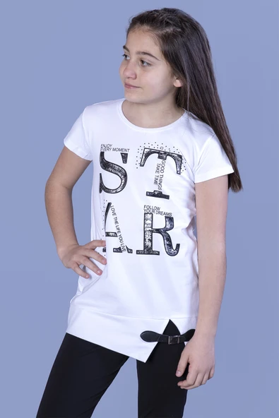 Toontoy Kız Çocuk Star Baskılı Kemer Detaylı Tişört - Resim 7