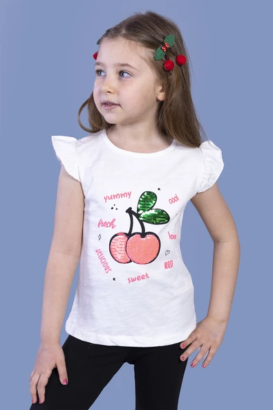 Toontoy Kız Çocuk Çevirmeli Pullu Kiraz Baskılı Tişört - 7