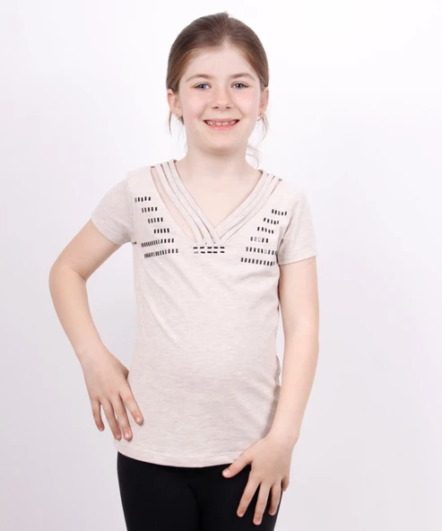 Toontoy Kız Çocuk Yaka Biyeli Taşlı Tişört - 6