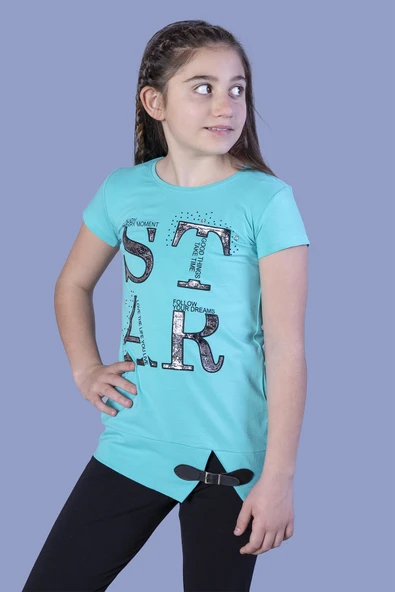 Toontoy Kız Çocuk Star Baskılı Kemer Detaylı Tişört - Resim 12