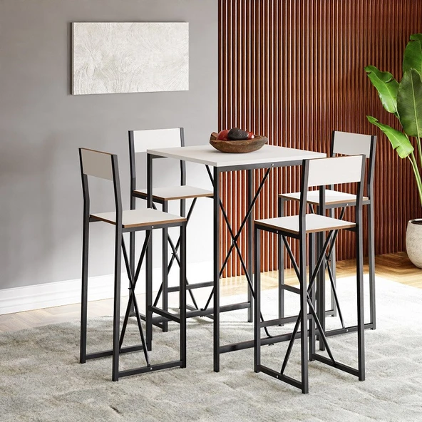 Eportatif 4 Kişilik Bar Masa Sandalye Seti Mutfak Yemek Masası Takımı Beyaz 1576