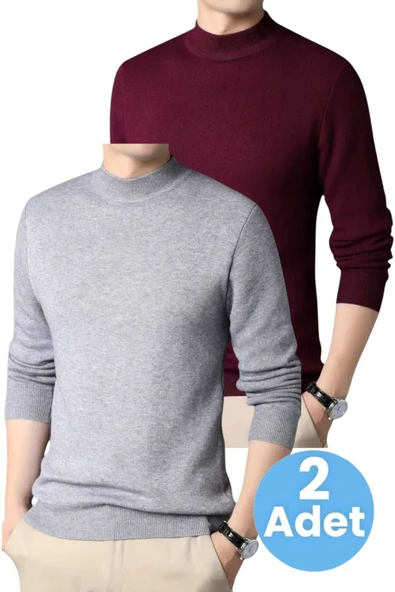 2'li Erkek Tüylenmeyen Yarım Boğazlı Triko Kazak Yarım Balıkçı Triko Kazak