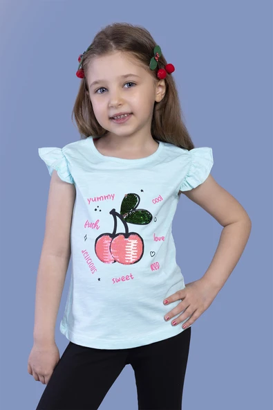 Toontoy Kız Çocuk Çevirmeli Pullu Kiraz Baskılı Tişört - 12