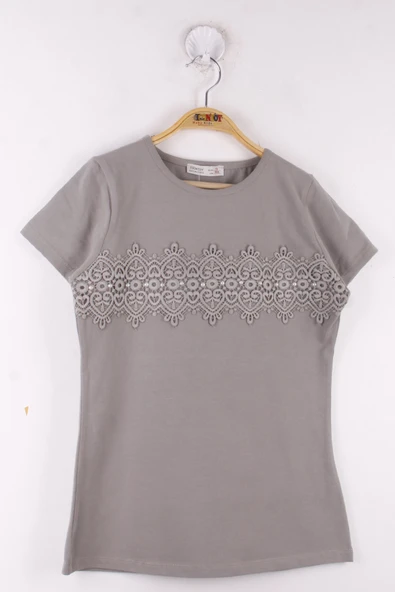 Toontoy Kız Çocuk Önü Dantelli İnci Detaylı Okul Tişört