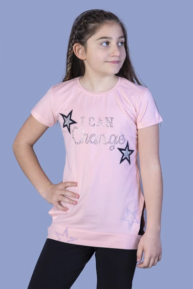 Toontoy Kız Çocuk Yıldız Baskılı Taş İşlemeli Tişört - Resim 3