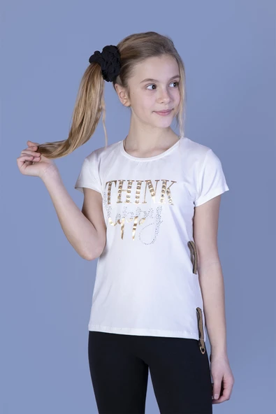 Toontoy Kız Çocuk Baskılı Taş İşlemeli Yanı Şerit Detaylı Tişört - 6