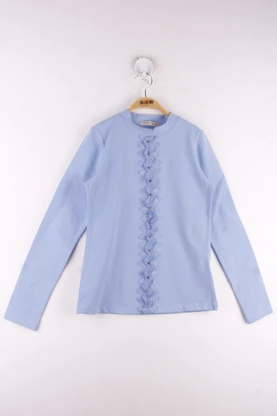 Toontoy Kız Çocuk Önü Dantelli Taşlı Okul Tişört