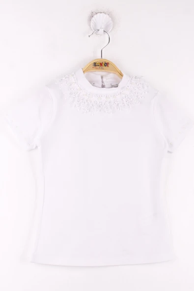 Toontoy Kız Çocuk Yaka Dantelli İnci Detaylı Okul Tişört - 5