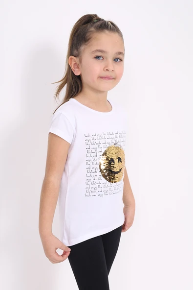 Toontoy Kız Çocuk Gülen Yüz Pullu Nakış Tişört - Resim 3