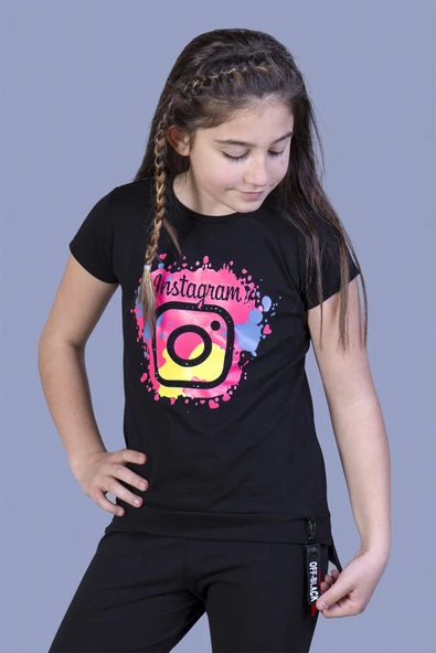 Toontoy Kız Çocuk Renkli Instagram Baskılı Tişört - 8
