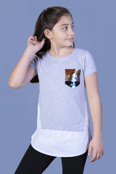 Toontoy Kız Çocuk Göğsü Cepli Pul Nakışlı Tişört