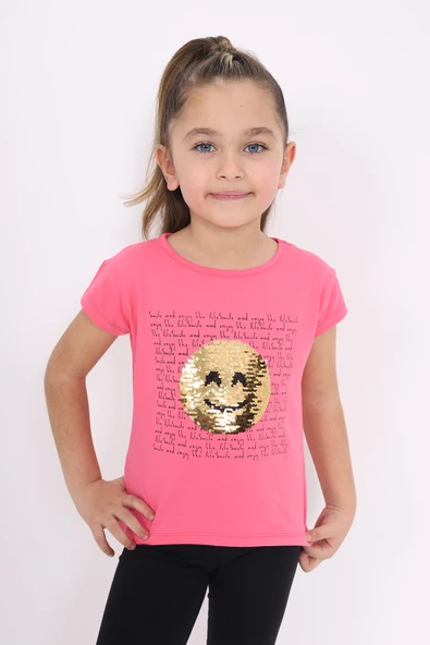 Toontoy Kız Çocuk Gülen Yüz Pullu Nakış Tişört - Resim 11