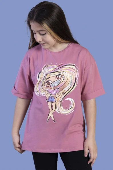 Toontoy Kız Çocuk Baskılı Düşük Kol Tişört