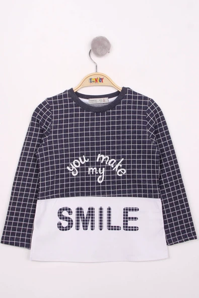 Toontoy Kız Çocuk Kareli Kumaşlı Smile Baskılı T-Shirt - 7