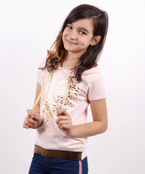 Toontoy Kız Çocuk Kapüşonlu Varak Baskılı Tişört - Resim 9