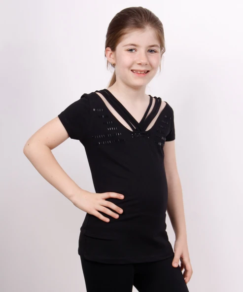 Toontoy Kız Çocuk Yaka Biyeli Taşlı Tişört - 12